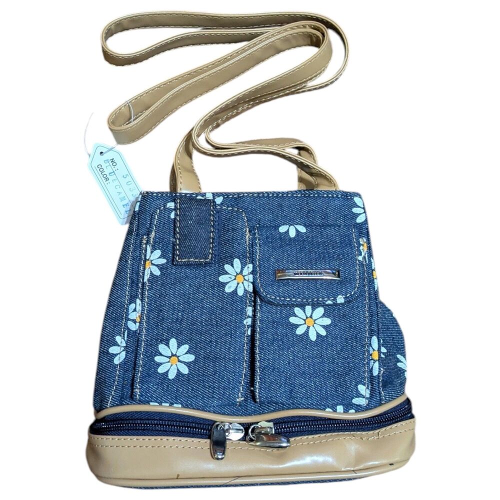 Girls Denim Daisy Crossbody Bag, Small Kids Purse, Blue Floral Mini Handbag